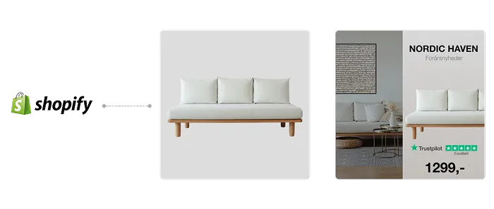 A sofa product image from Shopify turned into a dynamic ad with a lifestyle background, a headline, a Trustpilot rating and the price