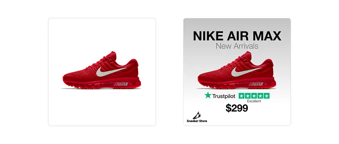 A plain product photo of a red Nike Air Max sneaker next to the same sneaker in a dynamic ad template with a headline, a Trustpilot rating and the price